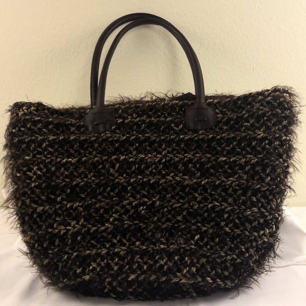 Fuzzy Brown, Raffia, and Glitter Large Tote Bag